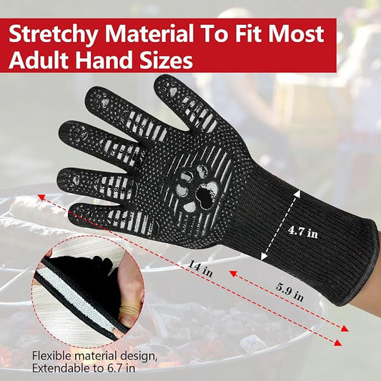 UBeesize Lengthen BBQ Gloves (Bear Paw), 1472°F Heat Resistant Grill Glove, 14 inch Fireproof Oven Gloves for Cooking, Non-Slip Fire Glove for Grilling, Barbecue, Smoker, Baking, Frying