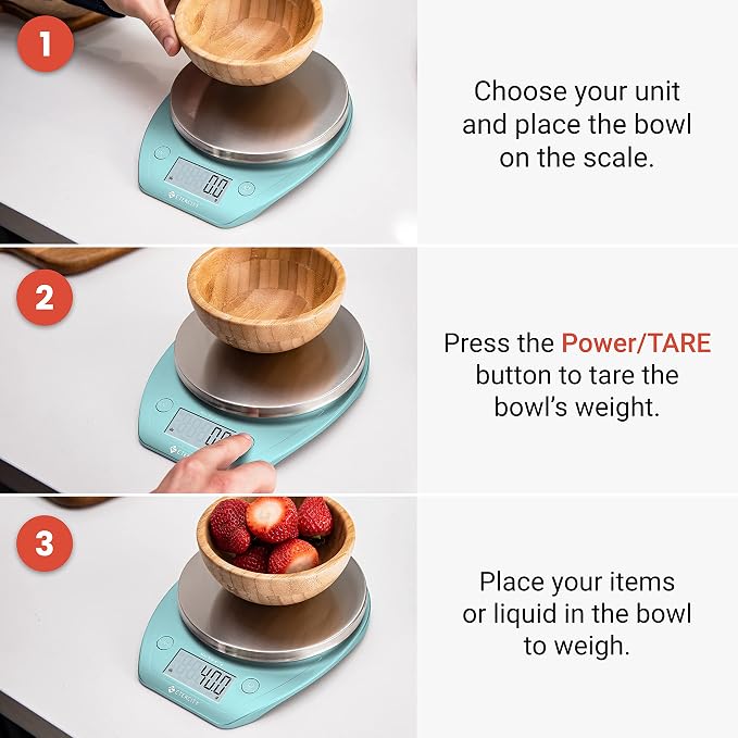 Etekcity Food Kitchen Scale with Bowl, 0.1g, Grams and Ounces | 11lb/5kg capacity with tare, removable bowl, ideal for baking, meal prep and portion control, Stainless Steel, Bright Blue