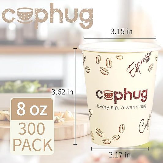 300 Pack 8 oz Disposable Paper Coffee Cups, 8 Ounce Paper Hot Coffee Cups–Perfect for Hot Beverages, Party, Office, and Home Use