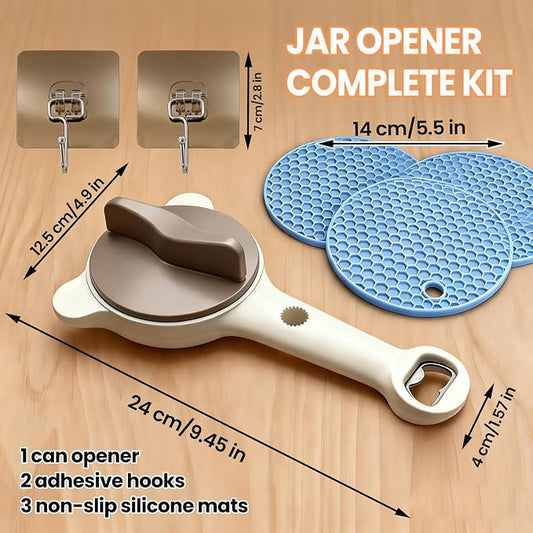 4-in-1 Jar & Bottle Opener for Seniors - Easy Grip | Multi functional & adjustable Ergonomic handle, non-slip grip Stainless, silicone pads Jars, bottles & beer, hooks included