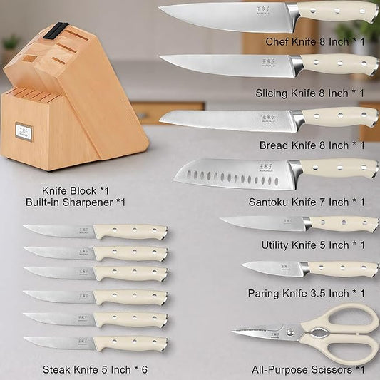 Newly Updated Premium Chef Knife Set High Carbon Stainless Steel Sharp Blade Ergonomic Rivets Handle Knife Block Set Hundreds of Years of Masterful Craftmanship(Ivory,15PCS)