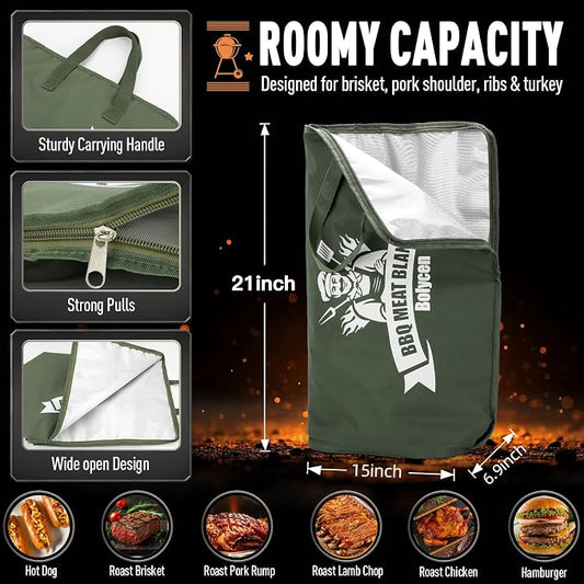 Upgraded BBQ Blanket for Resting Meat -Smoker Accessories Insulated Meat Resting Bag with Wide Mouth for Brisket/Steak/Pork Shoulder/Turkey - BBQ Accessories Grilling Gifts for Men (Green, 21inch)
