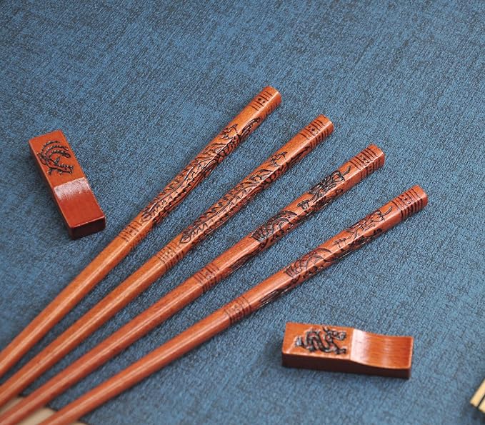 Dragon & Phoenix Reusable Chopsticks Set with Holders - Wooden Chopsticks 2 Pairs for Wedding & Anniversary Gift (Dragon and Phoenix)