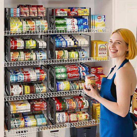 JKsmart 2-Tier Stackable Rack Organizer for Pantry, Adjustable Dispenser Holds Up to 120 Cans, Storage Holder for Various Ounces of Canned Drinks, Black, 4 Pack