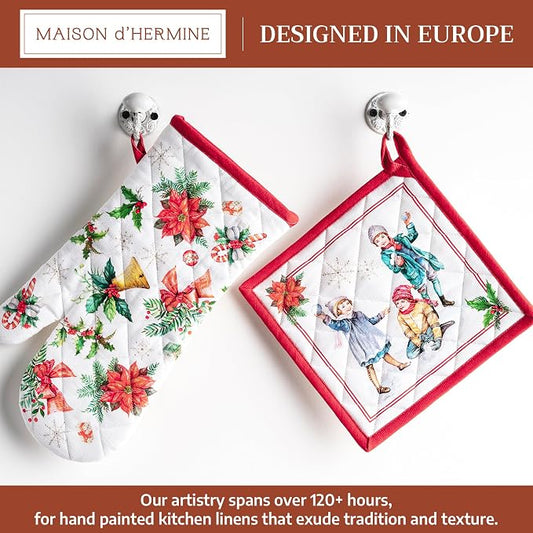 Maison d' Hermine 100% Cotton Oven Mitt & Pot Holder Set (7.5"x13" & 8"x8") | Heat Resistant BBQ Cooking Gloves with Loop Baking Grilling Kitchen Hotel Home Farmhouse Thanksgiving Christmas - Chromo