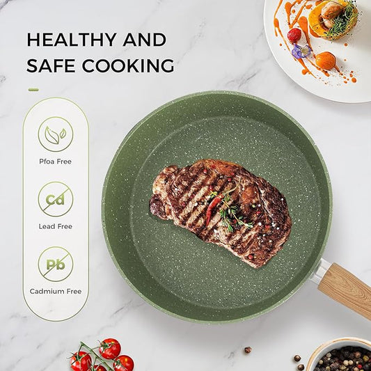 MAISON ARTS 17 Piece Pots and Pans Set Non Stick, Kitchen Cookware Sets with Nonstick Granite Stone Coating, Suitable for Induction Cooktops, Green