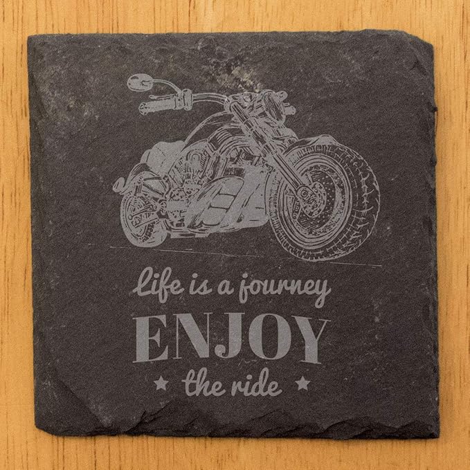 The Open Road Awaits: Motorcycle Coasters with Inspirational Quote - Square Slate - Set of 8