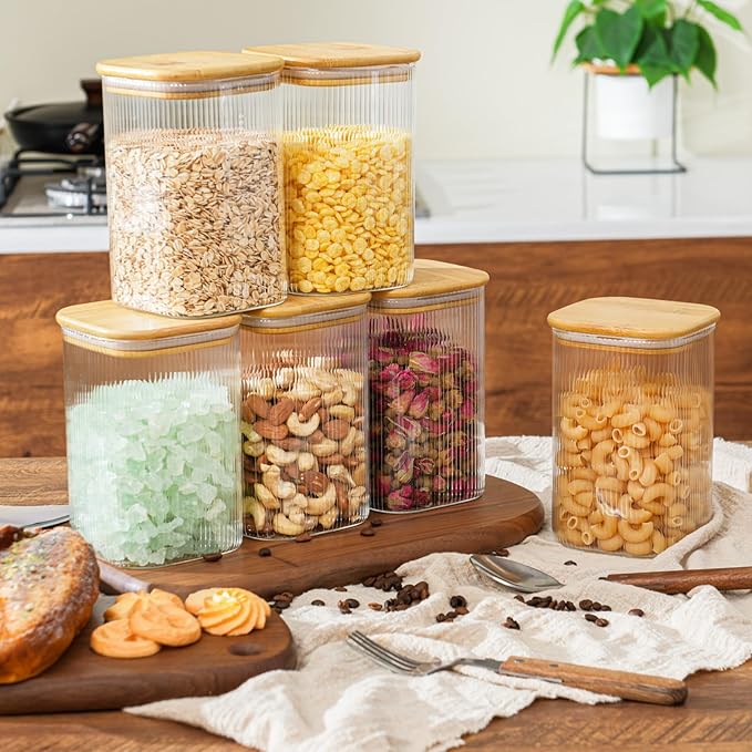 37oz Airtight Glass Square Storage Canisters with Bamboo Lids Set of 4 (1100ml) Striped Stackable Containers, Kitchen Jars for Pantry Noodles, Flour and Coffee beans (with Black Lable)