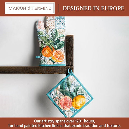 Maison d' Hermine 100% Cotton Oven Mitt & Pot Holder Set (7.5"x13" & 8"x8") | Heat Resistant BBQ Cooking Gloves with Loop Baking Grilling Kitchen Hotel Home Farmhouse Spring Summer - Agrume