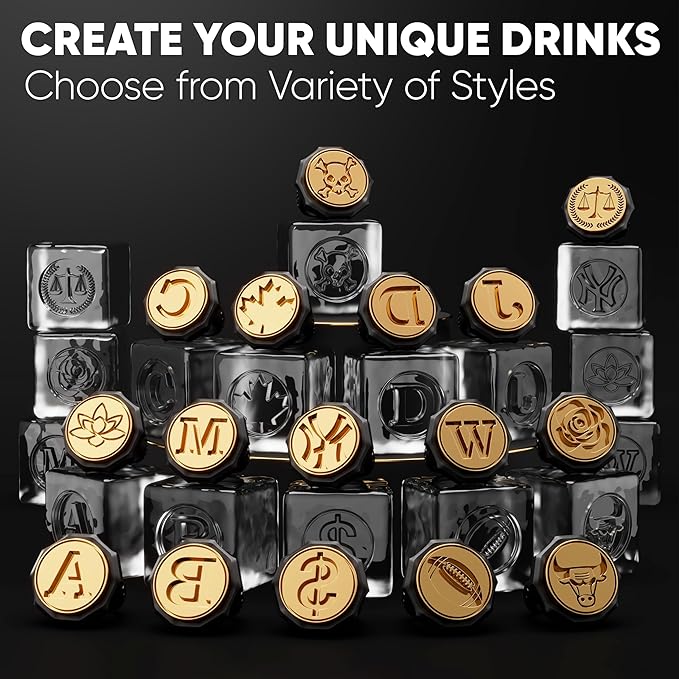 Berlinzo Ice Stamp Ring for Cube & Sphere - Custom Ice Cubes for Whiskey, Mojito Cocktails – Ball shaped Brass Ice Stamp ball/ 3mm Depth - Black