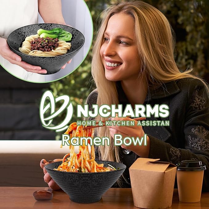 NJCHARMS Ceramic Ramen Bowl Set of 2, 60 oz Japanese Noodle Soup Bowls with Spoons and Chopsticks for Ramen Soup Pho Udon Asian Noodles, Large Noodle Bowls(Black