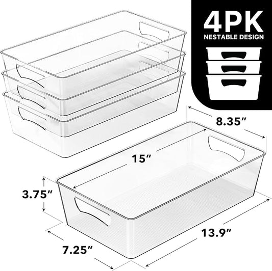 Simple Houseware 4 Pcs Kitchen Clear Bin Storage Organizer 15" x 8" x 3.75"