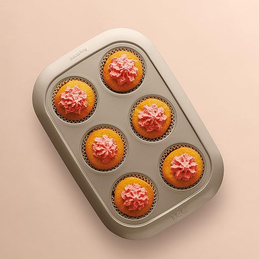 Berghoff Balance Nonstick 6 cup Cupcake/Muffin Baking Pan 2.5" x 1", Lightweight Carbon Steel, Ferno-Green, Non-toxic Coating Bakeware, Easy Food Release, Oven Safe Up To 450°F
