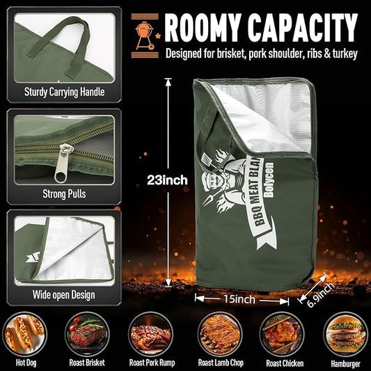 Upgraded BBQ Blanket for Resting Meat -Smoker Accessories Insulated Meat Resting Bag with Wide Mouth for Brisket/Steak/Pork Shoulder/Turkey - BBQ Accessories Grilling Gifts for Men (Green, 23inch)