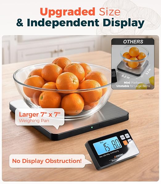 Atogou Wireless Kitchen Scale, 22lb/10kg Food Scale with Detachable Display & Larger Platform, 0.01oz/1g, 9 Units, Counting Function, Stainless Steel, for Cooking, Baking, Shipping, Sliver