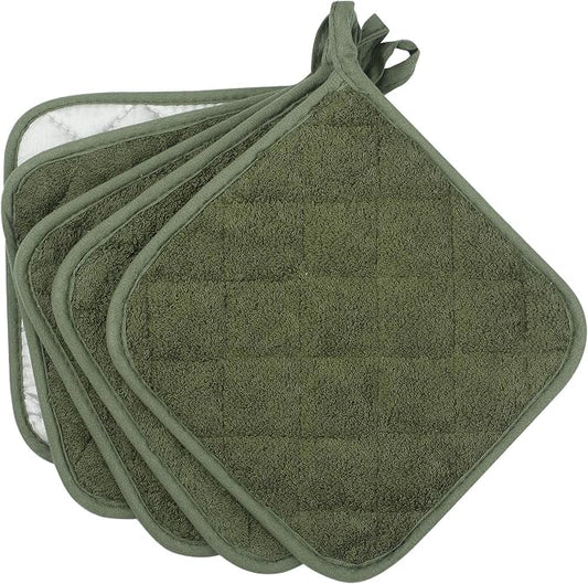 Pot Holders for Kitchen, 100% Cotton Terry Pot Holder Set of 5, Heat Resistant Hot Pads for Cooking, Baking, Hot Dishes and Countertop Protection, Olive Green