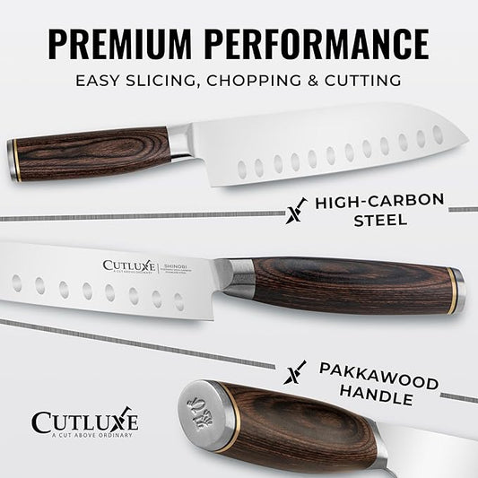 Cutluxe Santoku Knife – Ultra Sharp 7 Inch Vegetable Japanese Knife for Chopping, High Carbon Stainless Steel Blade, Full Tang Pakkawood Handle – Shinobi Series