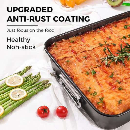 HONGBAKE Lasagna Pan 3 Inch Deep, 15x10" Baking Pan for Oven, Nonstick Cake Baking Dish for Brownie, Roasting Pans with Stainless Steel Handles, Heavy Duty, Dishwasher Safe, Dark Grey