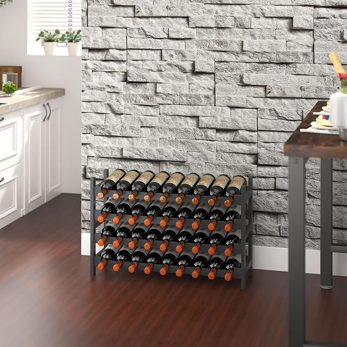 Bamboo Large Wine Rack, 4-Tier Freestanding Floor Bottle Storage Holder | 36-Bottle Storage | Wooden Wine Storage Organizer Shelves for Kitchen Bar, Cellar, & Dining Room | Black | Anti-Tip Kit