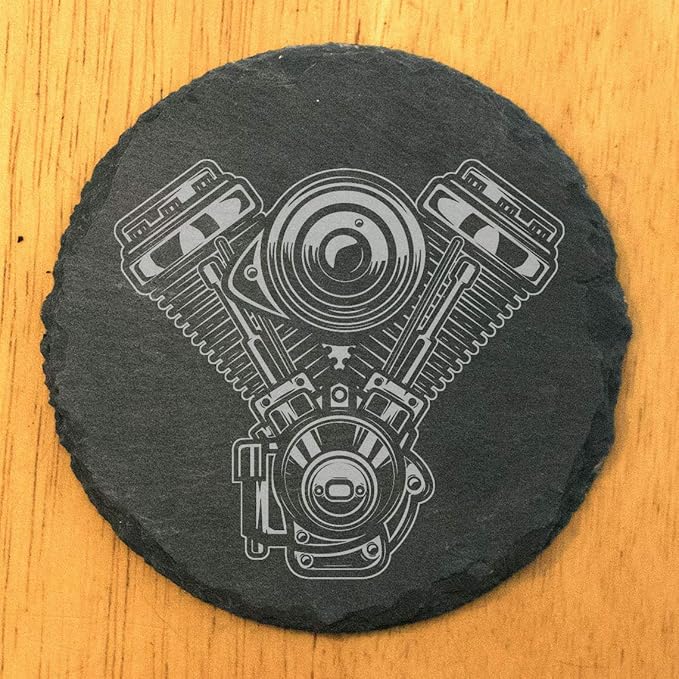 Rev Up Your Ride: V-Twin Engine Coasters for Bikers - Round Slate - Set of 6