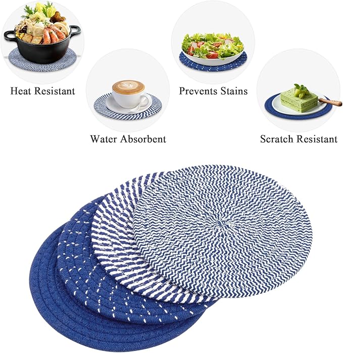 SHACOS 8 Inches Trivets for Hot Dishes, 4 Pieces Cotton Trivets Mats for Kitchen, Hot Pads for Countertops and Table, Heat-Resistant Pot Holders for Hot Pots and Pans(Deep Blue, 4pcs)