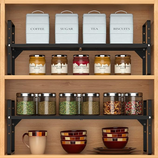 Expandable Counter Shelf, Adjustable Height Spice Rack Metal Mesh Board Shelf Organization for Kitchen Pantry Bathroom Office -Black