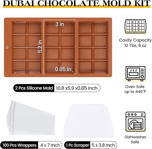 2 Pcs Chocolate Bar Mold Deep Dubai 0.85 Inch Stuffed Large Chocolate Molds Silicone Break Apart Thick Silicone Molds for Candy Bar, With 100 Pcs Wrappers and 1 Pc Scrapers Set (8 Snap)