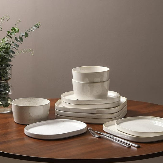 Stone Lain Cairo 24-Piece Dinnerware Set Stoneware, Plates and Bowls Set, Microwave and Dishwasher Safe, Includes Dinner and Salad Plates, Cereal Bowls, Dish for 8, White Speckled