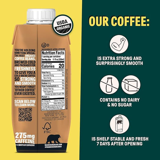 Wandering Bear Straight Black Organic Cold Brew Coffee On-the-Go - Extra Strong, Bold, Smooth, Unsweetened, Shelf-Stable, Ready to Drink, 100% Organic Iced Cold Brewed Coffee Drink -11 fl oz, 12 pack