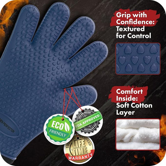 KITCHEN PERFECTION Silicone Smoker BBQ Gloves - Heat Resistant Oven Mitts | Waterproof, 5-Finger Design For A Better Grip, for Pitmasters, Meat Smoking, Grilling, Cooking, Frying Turkey | Grill Gift