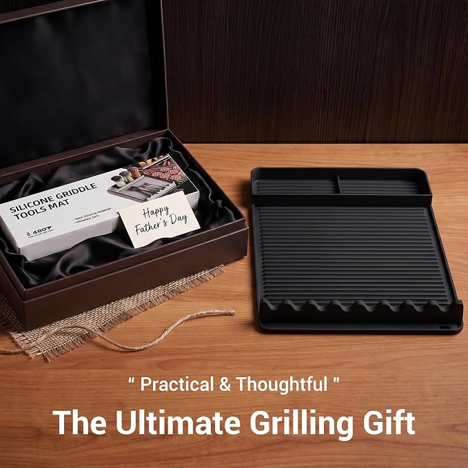 Silicone Grill Mat for Blackstone Griddles & Outdoor Grills - Heat Resistant (450°F) Countertop Protector, Non-Slip Tool Organizer & Grease Catcher, 16x11.5 Inch(Black)
