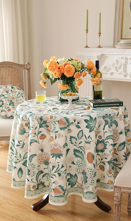 patdrea Designer Small Vintage Green Round Table Cloth,French Floral Country Linen Durable Tablecloth,Wrinkle Free Cover for Kitchen Dining,Christmas,Thanksgiving,Diameter 55"-Tree Life