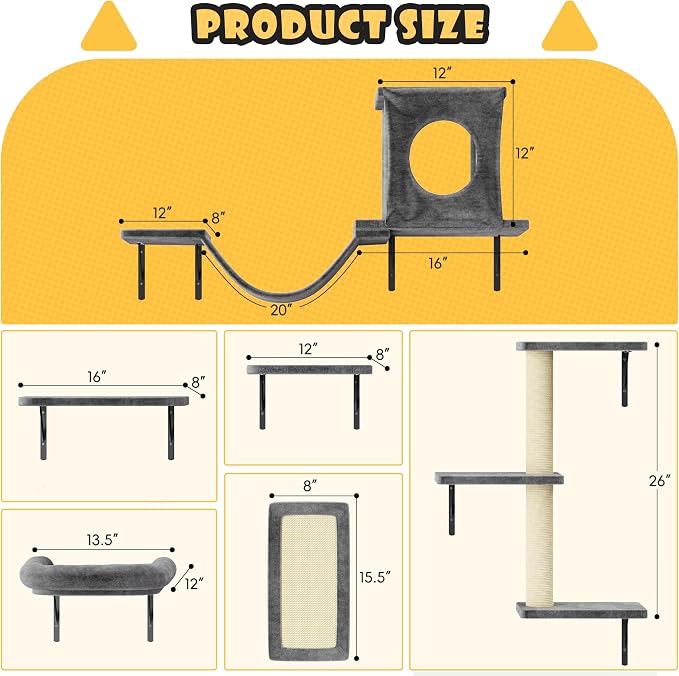 Cat Wall Shelves, 6-in-1 Cat Wall Furniture Set for Large Cats, Cat Climbing Wall Systems with Perch Bed, Condo, Bridge Ladder, Steps, Scratching Post, Dark Gray