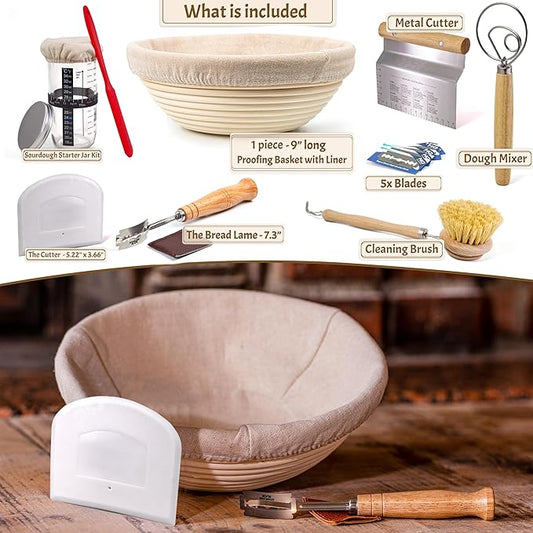 Sourdough Bread Baking Supplies Starter Kit, Banneton Proofing Basket 9'' Round, Sourdough Starter Jar, Scraper, Scoring Lame, Brush, Short Danish Whisk, Gift Set
