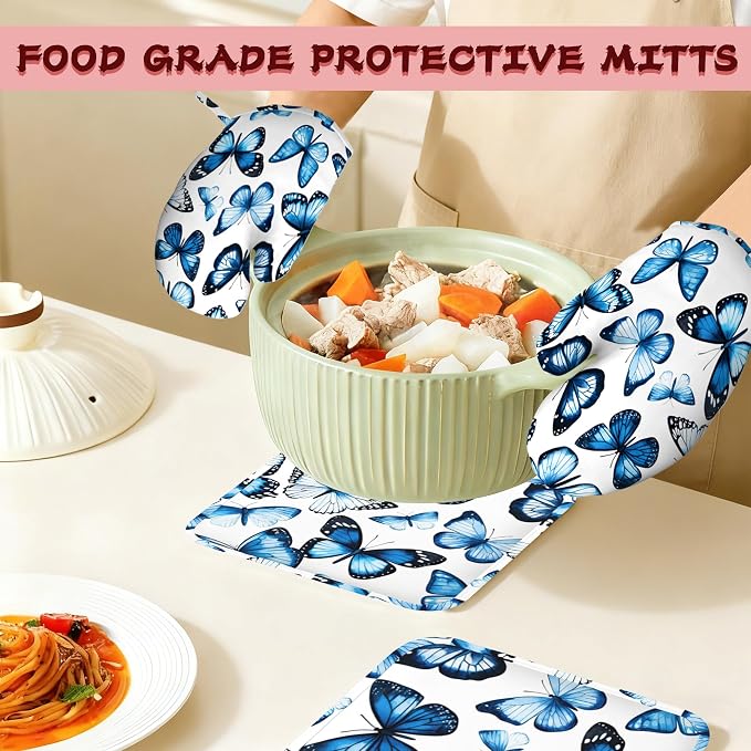 Blue Butterfly Heat-Resistant Silicone Oven Mitts and Pot Holder 4 Piece Set,Non-Slip Kitchen Oven Gloves for Baking, BBQ, Cooking,Grilling