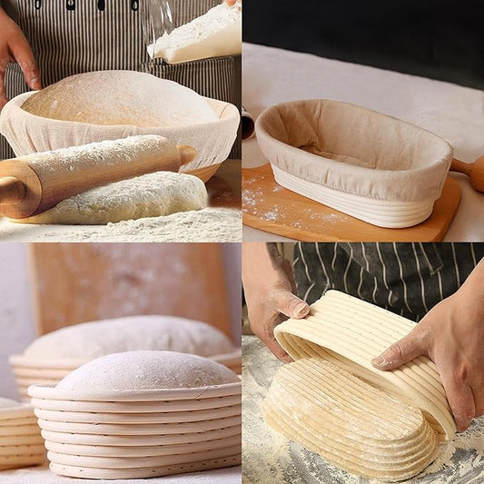 Sourdough Bread Baking Supplies, 2 Pack Banneton Bread Proofing Basket 10 inch Round & 10 inch Oval Proofing Bowls for Sourdough Bread with Liner Making Baking Fermentation Tools