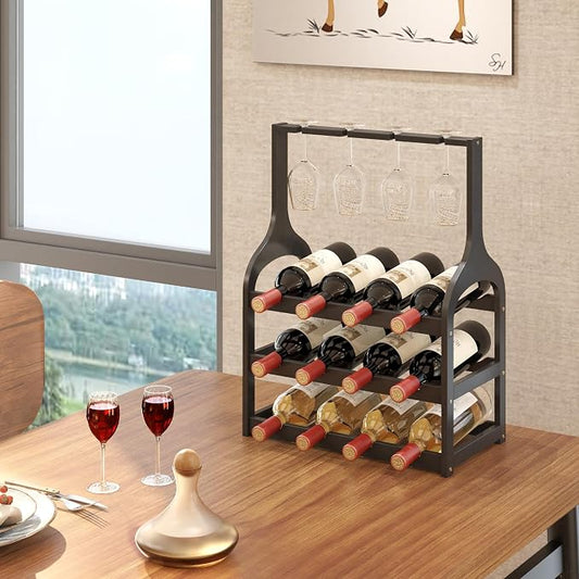 Bamboo Wine Rack Countertop, Small Free Standing Racks Tabletop Display | 12 Wine Bottles and 4 Glass Holder | Wooden Wine Storage Organizer Shelves for Kitchen Bar, Cellar, & Dining Room | Black