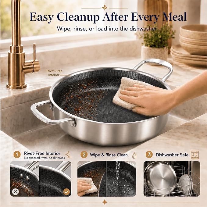 DELARLO Tri-Ply Stainless Steel 7QT Saute Pan 12 Inch Deep Frying Pan with lid Nonstick, Induction Compatible Chef Cooking Pan