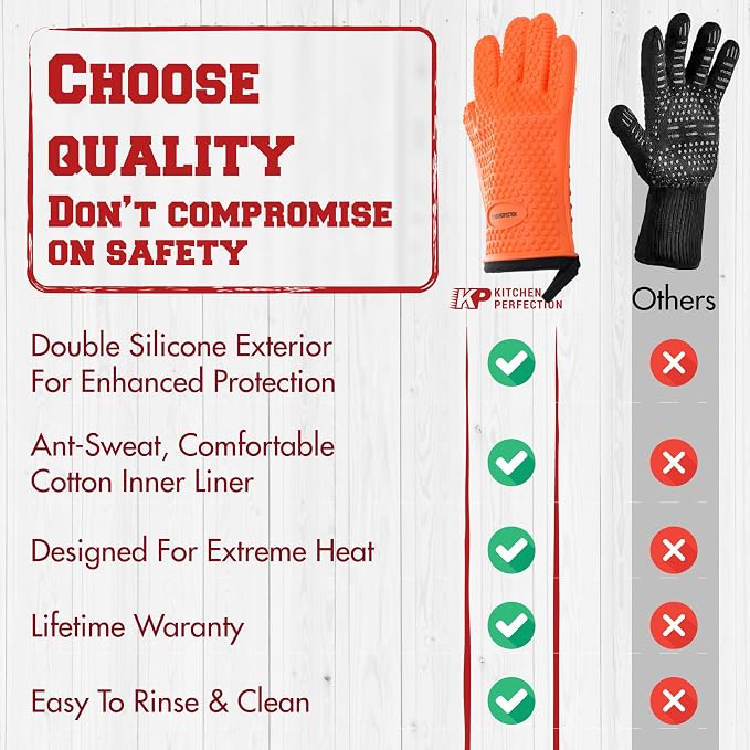 KITCHEN PERFECTION Silicone Griddle Grill Gloves Heat Resistant Oven Mitts | Waterproof, 5-Finger Design For A Better Grip, Best Griddle Grilling Accessories, Compatible with Blackstone, Weber & More