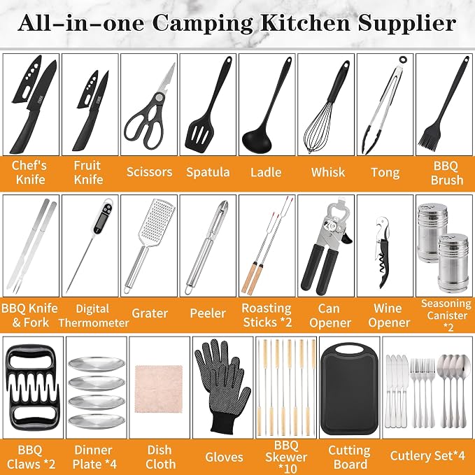 Camping Essentials Cookware Cooking Utensils Set - Portable Camp Kitchen Mess Kit Outdoor Accessories, Stainless Steel & Silicone, Camping Gear Equipment for RV Picnic Grill,Brown Pro | Stainless Steel & Silicone Mess Kit, Durable Outdoor Kitchen Gear ...