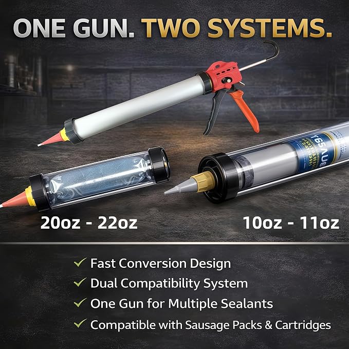 20 oz Sausage Caulk Gun, Heavy-Duty Crack-Proof Plunger & Steel Rod | 18:1 High-Thrust One-Touch Drip-Free Sealant Gun | Fits 20 oz Sausage & 10 oz Cartridges