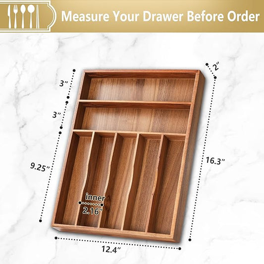 Silverware Organizer, 12.5 Inch Utensil Organizer Kitchen Drawer Organizer Acacia Silverware Holder Cutlery Tray Organizer in Drawer Flatware Organizer Tray(7 slots, Acacia)