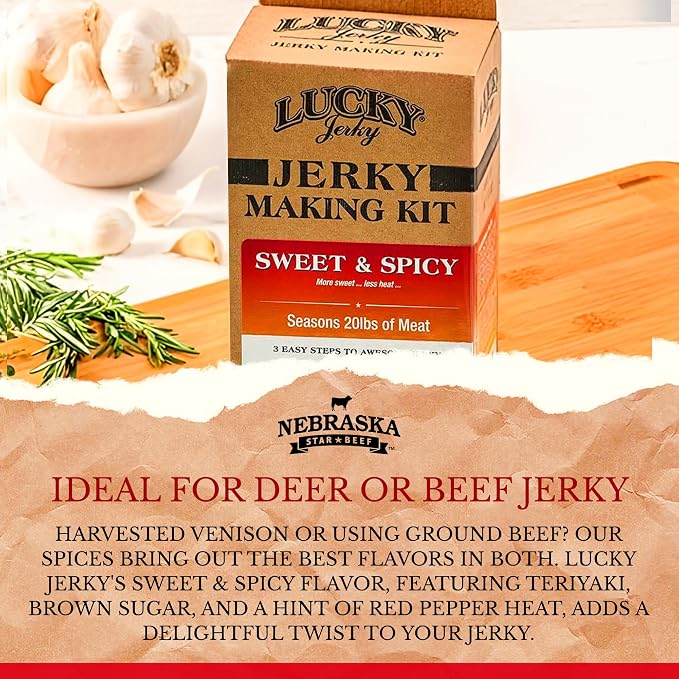 Lucky Jerky Sweet & Spicy DIY Beef Jerky Seasoning and Cure Kit, 12 Oz | Make Your Own Sweet & Spicy Beef Jerky at Home, Brown Sugar and Red Pepper Heat, Seasons 20 lbs of Meat