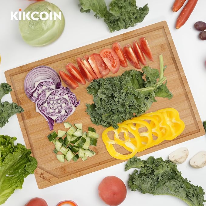 Kikcoin 17"×11" Bamboo Cutting Boards for Kitchen, Knife-Friendly Food Grade Wooden Cutting Boards for Kitchen, Charcuterie, Extra Large Chopping Boards with Deep Juice Groove, Reversible, Natural
