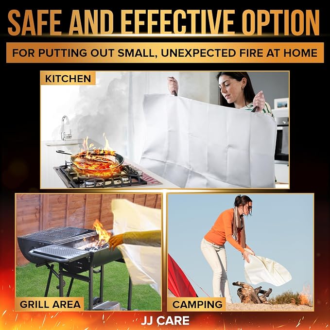 JJ CARE Fire Blanket – 10 Packs with Hooks and Gloves – 40” x 40” Fire Blankets Emergency for Home and Kitchen, High Heat Resistant and Flame Protection for Kitchen, Car, Office, Camping & Home Safety