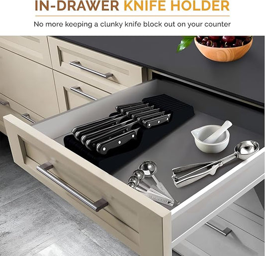In-Drawer Knife Block - Bamboo Knife Drawer Organizer for Kitchen - Fits 5 Long + 6 Short Knives | Store Knives with Blades Pointing Down - Wooden Steak knife Holder without Knives (Black)