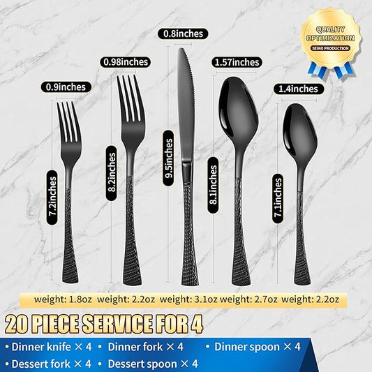 Lemeya Hammered Black Silverware Set,20 Piece Modern Flatware Set Service for 4,Mirror Polished Stainless Steel Cutlery Set Utensil Set Tableware Set,Kitchen Knives Forks Spoons Set,Dishwasher Safe