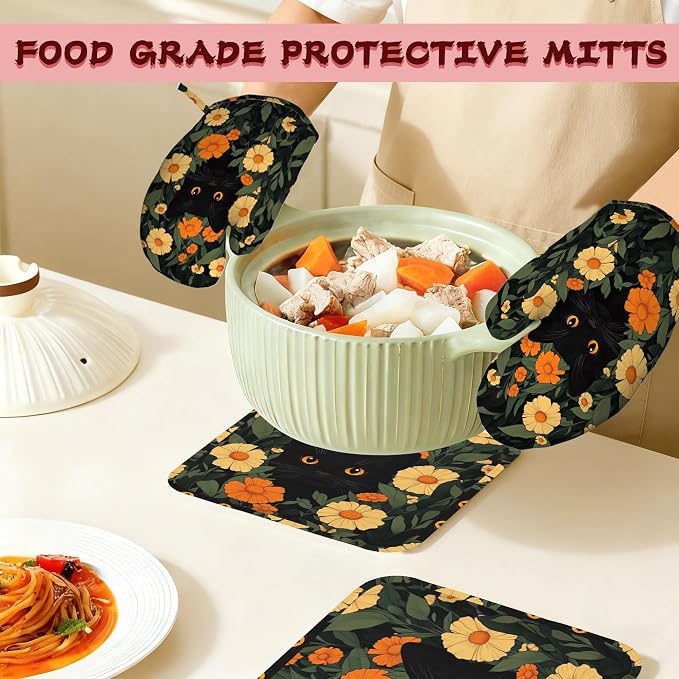 Black Cat Flowers Heat-Resistant Silicone Oven Mitts and Pot Holder 4 Piece Set,Non-Slip Kitchen Oven Gloves for Baking, BBQ, Cooking,Grilling