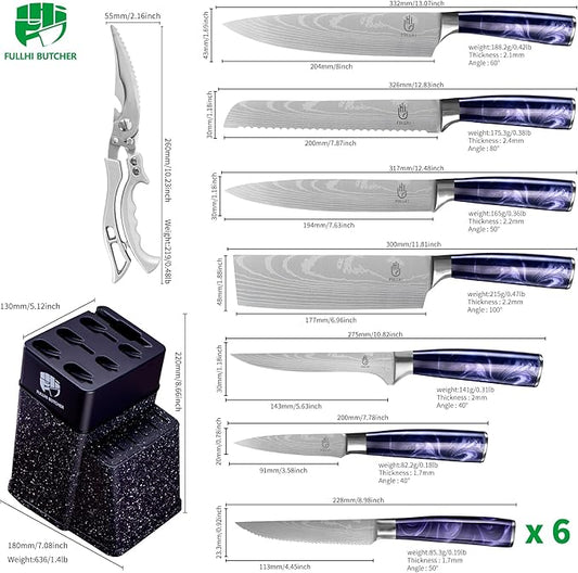 FULLHI 14pcs Block Knife Set, Chef's Knife Steak Knives Set with Block and Sharpener, Kitchen Knife Set, Multi-colour Handle, Gifts for Men Women