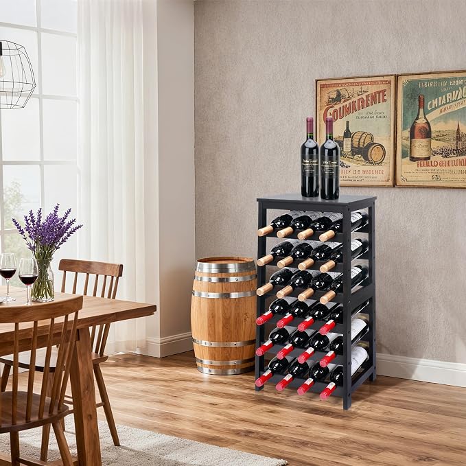 Wine Rack Free Standing Floor, 6-Tier 24 Bottles Display Wine Storage Shelves with Table Top, Easy-Assembly Freestanding Bamboo Wine Racks for Kitchen Dining Room Bar, Black